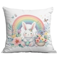 Easter throw pillow case featuring watercolor bunny with rainbow and floral patterns - Bunny Holding Egg Floral Style (CDR92-5)