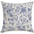 Square cushion cover featuring blue floral patterns on a cream linen-textured fabric - Blue Porcelain Peony (DYM31-8)