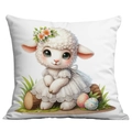Federa cuscino pasquale con simpatica pecora, fiori e uova su sfondo bianco - Agnello in abito di pizzo su tronco (CDR91-2)