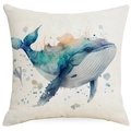 Detailopname van blauwe walvis aquarelprint op een linnen kussensloop met textuur - 45*45cm Linnen Enkelzijdig Geen Vulling / Blauwe Vinvis Stijl (DYM114-3)