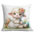 Fodera per cuscino pasquale con agnello carino, fiori primaverili e uova colorate - Agnello in abito di pizzo con cesto di uova (CDR91-3)