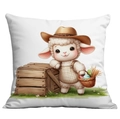 Federa per cuscino pasquale con simpatico agnello e uova colorate per decorazioni primaverili - Agnello con cappello di paglia e salopette (CDR91-4)
