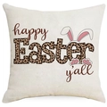 Federa per cuscino pasquale quadrata con scritta Happy Easter leopardata e orecchie - Buona Pasqua Stampa Leopardata con Orecchie di Coniglio (DYM91-1)