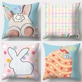 Easter cushion covers featuring cartoon bunnies and colorful egg prints on linen fabric - Colorful Plaid & Cartoon Bunny (DYM22-5)