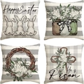 Set of four Easter linen pillow covers with rabbit and flower prints in grey plaid style - Elegant Stripe Bunny & Cross (DYM22-7)