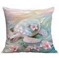 Detailed view of sea turtle and pink hibiscus print on silky beach decorative pillowcase - Turtle Hibiscus Dreamy Style (CDR113-24)