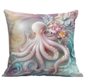 Detailed close-up of an ocean octopus and floral pattern printed on a square pillowcase - Octopus Flower Dreamy Style (CDR113-9)