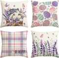 Set of four Easter linen pillow covers with rabbit, colorful eggs and Be Hoppy print - Macaron Easter Egg & Lavender (DYM22-9)