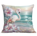 Detail of 3D flamingo and purple hibiscus flowers on square ocean pillowcase cover - Flamingo Hibiscus Wave Style (CDR113-11)