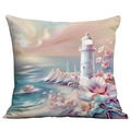 Detail of artistic lighthouse and coastal floral print on soft velvet pillowcase - Lighthouse Coast Aesthetic Style (CDR113-17)