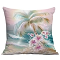 Tropical square pillow cover with palm tree and hibiscus flowers on a beach background - Palm Tree Hibiscus Beach Style (CDR113-19)