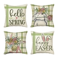 Set of four Easter linen pillow covers with green buffalo plaid bunny and spring bike prints - Green Plaid Bicycle & Bunny (DYM22-13)