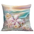 Romantic colorful coastal cushion cover with starfish and ocean wave floral design - Starfish Hibiscus Dreamy Style (CDR113-22)