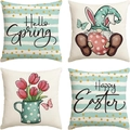Set of 4 Easter linen pillow covers with gnome, tulips, and Happy Easter prints - Light Green Stripe Gnome & Tulip (DYM22-14)