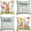 Set of 4 Easter linen pillow covers with rabbit floral print and Hello Spring text - Realistic Bunny & Spring Floral (DYM22-15)