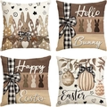 Set of four linen Easter pillow covers with vintage rabbit and egg prints - Rustic Earth Tone Bunny Style (DYM22-16)