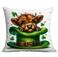 St. Patrick's Day highland cow pillow cover with green hat and lucky clovers pattern - 45*45cm Short Plush Single Sided Without Core / Green Beret Highland Cow Style (CDR87-11)