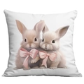 Housse de coussin de Pâques avec deux lapins de dessin animé et nœuds roses sur blanc - 45*45cm Peluche Courte Simple Face Sans Coeur / Deux Lapins avec Nœuds Roses (CDR81-1)
