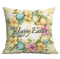 Happy Easter peach skin pillow cover featuring vintage bunny eggs and yellow checkered pattern - 45x45cm / Egg Wreath Style (CDR115-2)