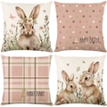 Set of four Easter linen pillow covers with bunny and colorful egg prints for home decor - Pink Plaid & Polka Dot Bunny (DYM22-20)