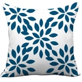 Modern white plush square cushion cover featuring navy blue floral leaf pattern print - White Blue Floral (CDR37-18)