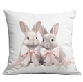 Housse de coussin de Pâques avec duo de lapins mignons et nœud rose style rustique - 45*45cm Peluche Courte Simple Face Sans Coeur / Lapin Gris et Blanc avec Nœud (CDR81-3)