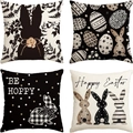 Set of four Easter linen pillowcases featuring rabbit silhouettes and colorful egg patterns - Black Bunny Silhouette & Polka Dot (DYM22-26)