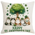 St. Patricks Day Kissenhülle mit Katzen, grünem Glücksbaum und Pawtrick Slogan - 45*45cm Leinen Einseitig Ohne Füllung / Fünf Katzen Party Stil (DYM83-4)