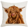 Highland cow throw pillow cover with cute orange cow head print on linen square cushion - Beige Realistic Highland Cow Illustration Style (DYM115-14)