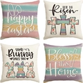 Easter bunny and egg print linen pillowcases in 4-pack macaron color stripes - Macaron Stripe & Cross Style (DYM22-29)