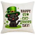 St. Patrick's Day cushion cover with black cat in green hat and lucky shamrock elements - 45*45cm Linen Single-Sided No Insert / Black Cat in Hat Text (DYM83-5)