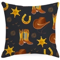 Western cowboy style throw pillow cover featuring boots, sheriff badges and horseshoes - Black Western Sheriff Star Boots Collage Style (DYM115-17)