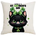 St. Patrick's Day cushion cover featuring a black cat with green shamrock accessories - 45*45cm Linen Single-Sided No Insert / Black Cat Green Eyes (DYM83-7)
