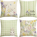 Set of 4 linen Easter pillow covers with rabbits and Hello Spring floral patterns - Hello Spring Floral & White Bunny (DYM22-32)