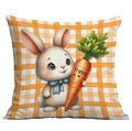 Housse de coussin de Pâques à carreaux orange avec lapin mignon tenant une carotte - Lapin à Carreaux Orange avec Carotte (CDR117-4) / 45x45cm Simple Face (Sans Garnissage)
