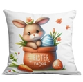 Housse de coussin de Pâques avec lapin mignon, carottes et œufs colorés sur tissu blanc - Illustration de Lapin de Pâques dans un Pot (CDR117-3) / 45x45cm Simple Face (Sans Garnissage)