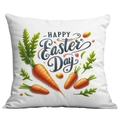 Housse de coussin blanche de Pâques avec carottes et texte Happy Easter Day imprimé - Illustration de Lapin de Pâques avec des Œufs (CDR117-1) / 45x45cm Simple Face (Sans Garnissage)