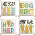 Set of 4 Easter linen pillow covers with rabbit and colorful egg prints for home decor - Beige Carrot & Happy Easter Print (DYM22-35)