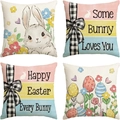 Set of 4 Easter linen pillow covers featuring rabbit and colorful egg prints - Cute Bunny & Plaid Bow Style (DYM22-36)