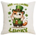 St. Patrick's Day cushion cover with cartoon cat and green lucky clovers design - 45*45cm Linen Single-Sided No Insert / Orange Cat FELINE LUCKY (DYM83-15)