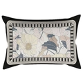 Detailed close-up of velvet cushion with retro magnolia embroidery and striped border - 30*50cm Without Core / Beige Vintage Floral (CDR120-2)