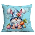 Easter pillow cover with cute gnome holding eggs and Happy Easter Day text on blue base - Blue Easter Gnome Pattern (CDR218-3) / 45x45cm