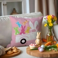 Easter throw pillow cover with pink truck and rabbits on a white sofa setting - 45*45cm Linen Single Sided Without Core / Pink Bunny Truck (DYM221-1(4))