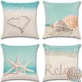 4er-Set wasserfeste Leinen-Kissenbezüge mit Seesternen, Muscheln und Strandmotiven - Strandurlaub-Stil (DYM122-1) / 40x40cm