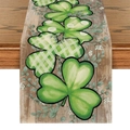 Saint Patrick's Day table runner with green shamrocks on a rustic wood background - Wood Grain Leaf Design (ZQT11-7) / 33*183cm