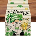 St. Patrick's Day table runner with festive gnome, clover, and beer prints on faux linen - Happy Holiday Gnomes (ZQT11-8) / 33*183cm