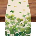 St. Patrick's Day table runner with green clover print on cream linen fabric - Watercolor Coins Shamrock (ZQT11-15) / 33*183cm