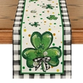 St. Patrick's Day table runner featuring green shamrocks and black-white checkered edges - B&W Gingham Border Shamrock (ZQT11-17) / 33*183cm
