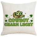 Housse de coussin Saint-Patrick avec chapeau de cowboy, trèfles et texte porte-bonheur - 45x45cm / Charme Cowboy Chanceux (DYM98-14)