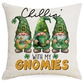 Housse de coussin Saint-Patrick avec gnomes, trèfles et texte Chillin' with my Gnomies - 45*45cm Lin Recto Seul Sans Garnissage / Trois Gnomes Chillin WITH MY GNOMIES (DYM95-14)
